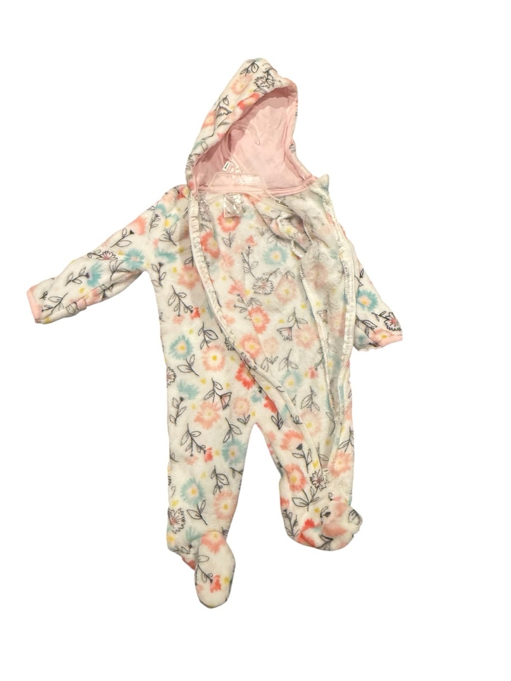 Little Beginnings Baby Girls Floral Hooded Fleece One-Piece Winter Sz 3-6 Months - Picture 3 of 5